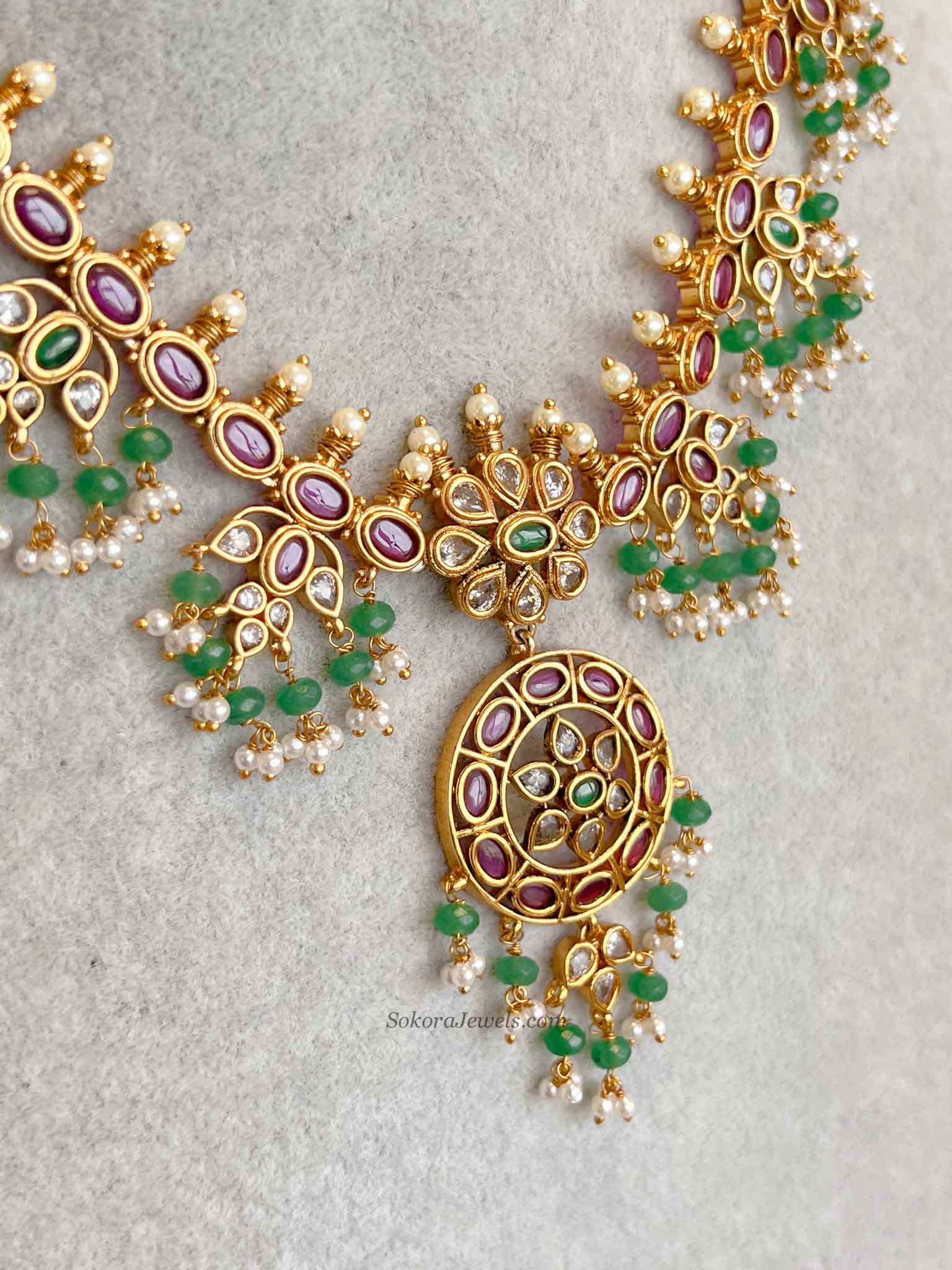 Ruby & Green Pearl Necklace Set with Pendant