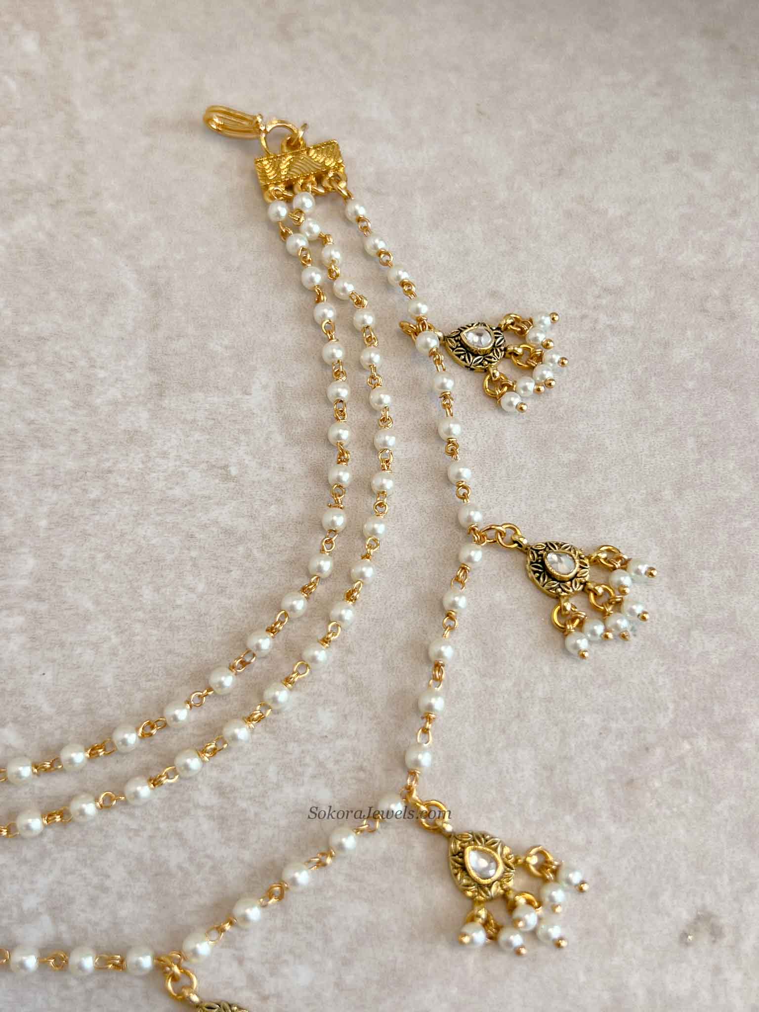 3 Strand Pearl & Kundan Gem Earring chains