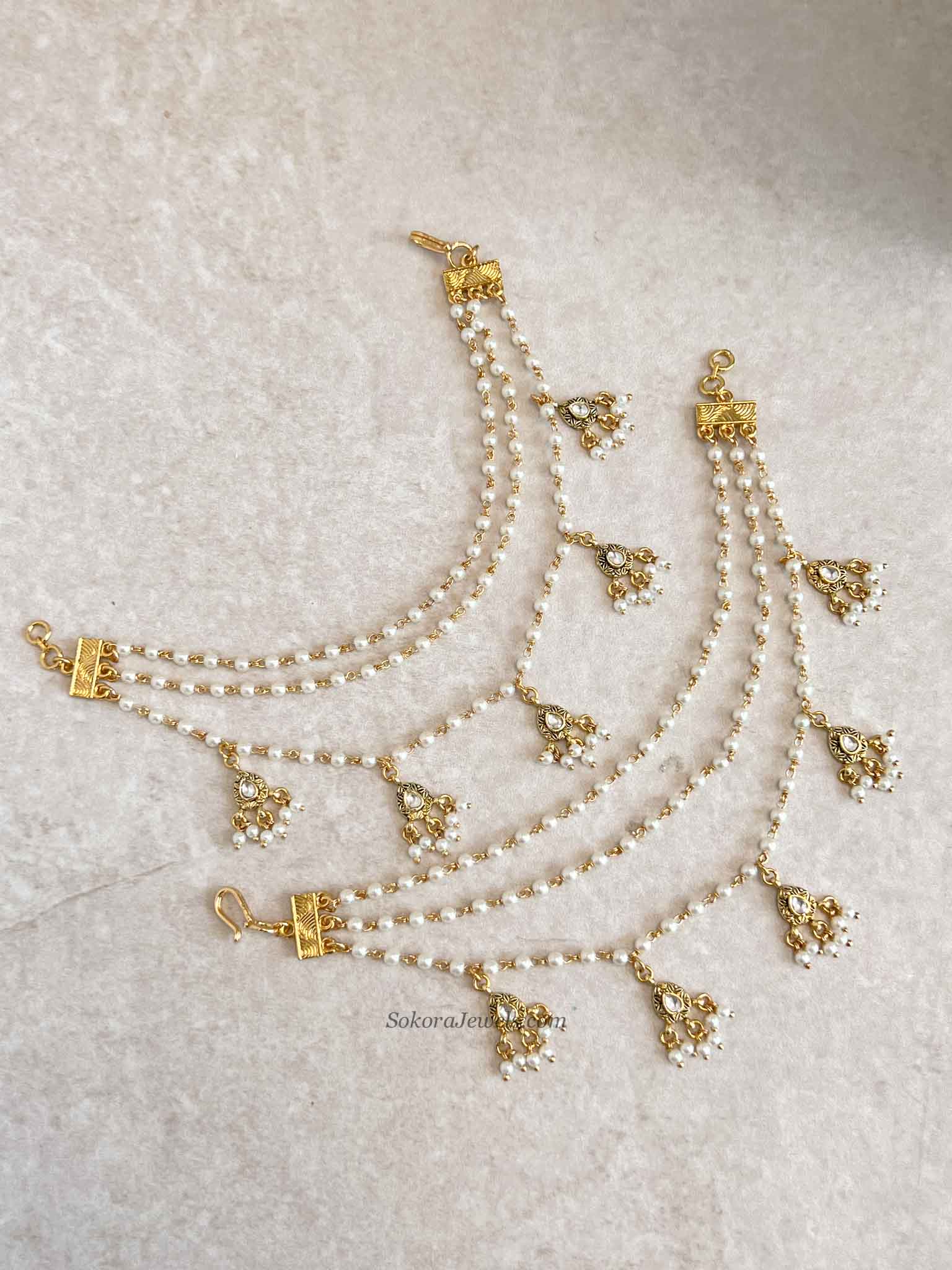 3 Strand Pearl & Kundan Gem Earring chains
