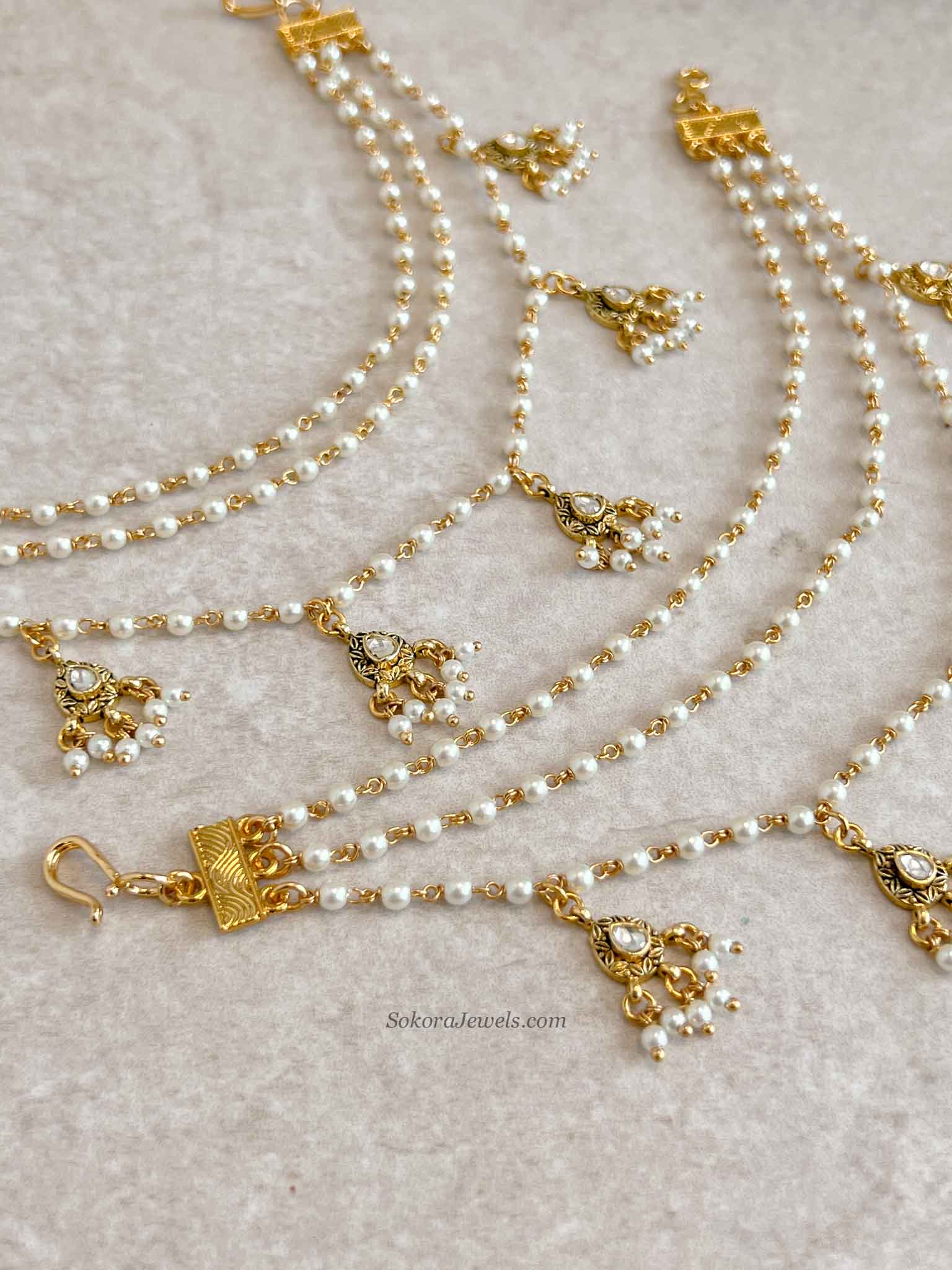 3 Strand Pearl & Kundan Gem Earring chains