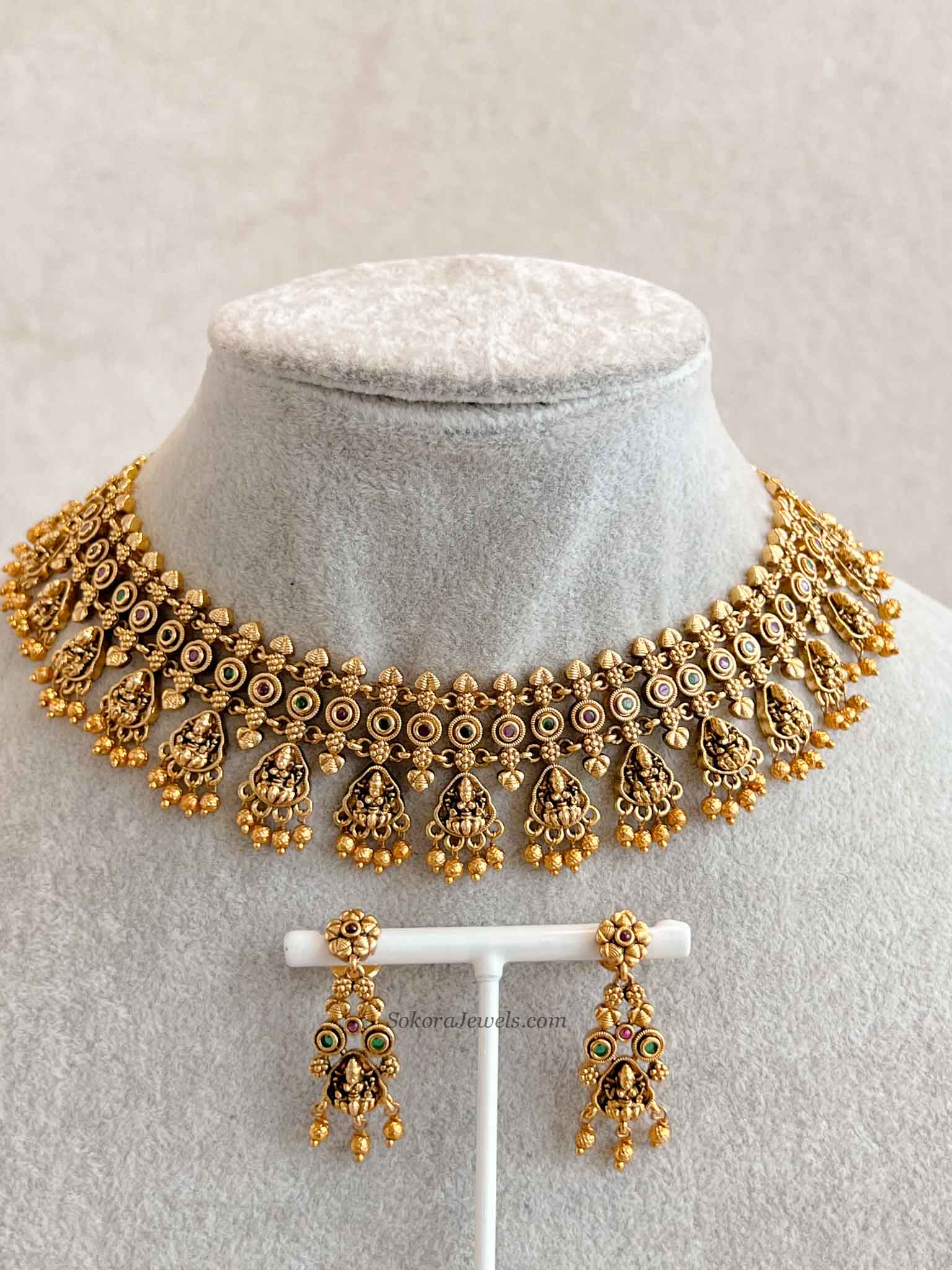 South Indian Temple Lakshmi Necklace Set with Gold Balls