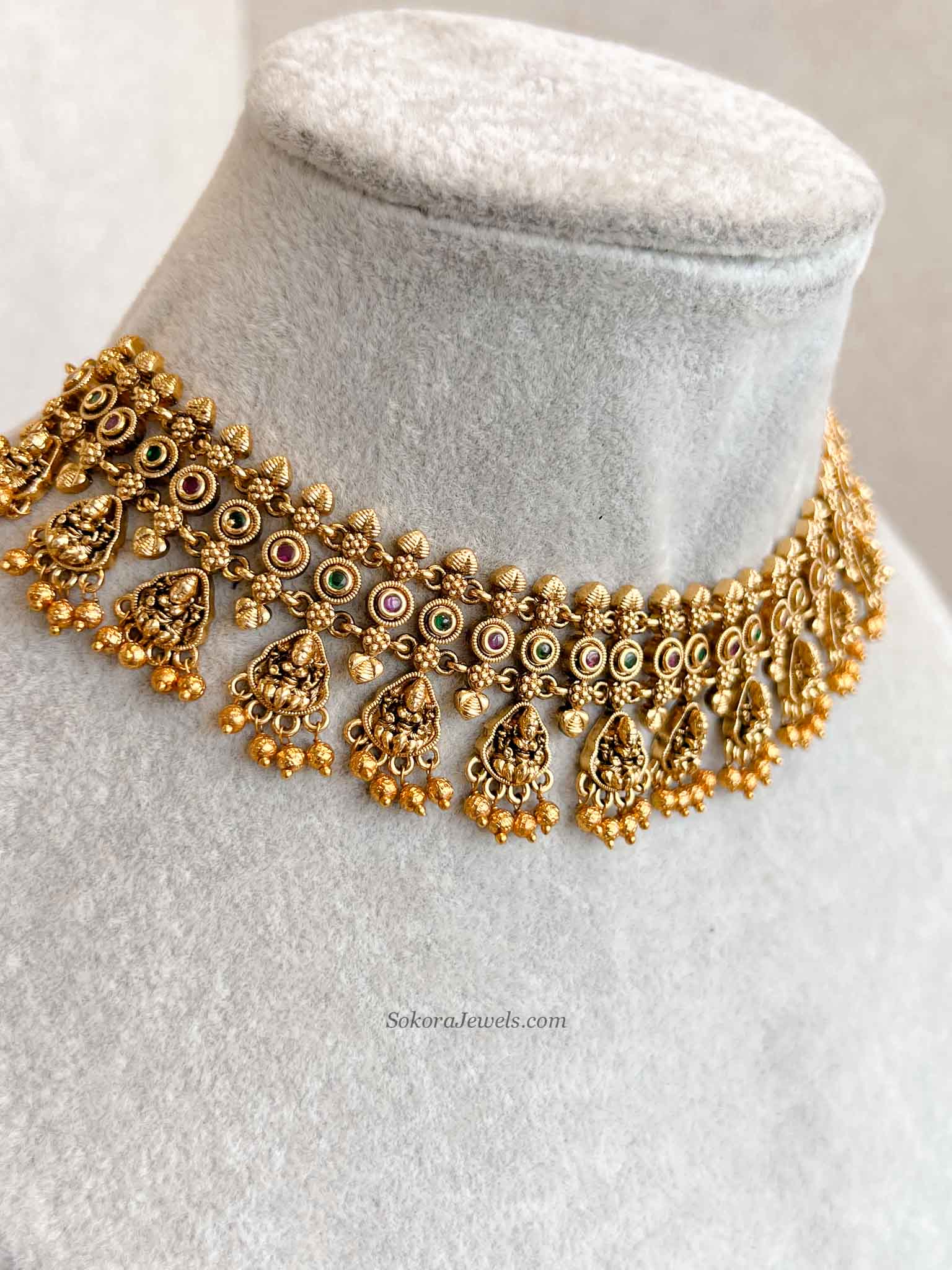 South Indian Temple Lakshmi Necklace Set with Gold Balls