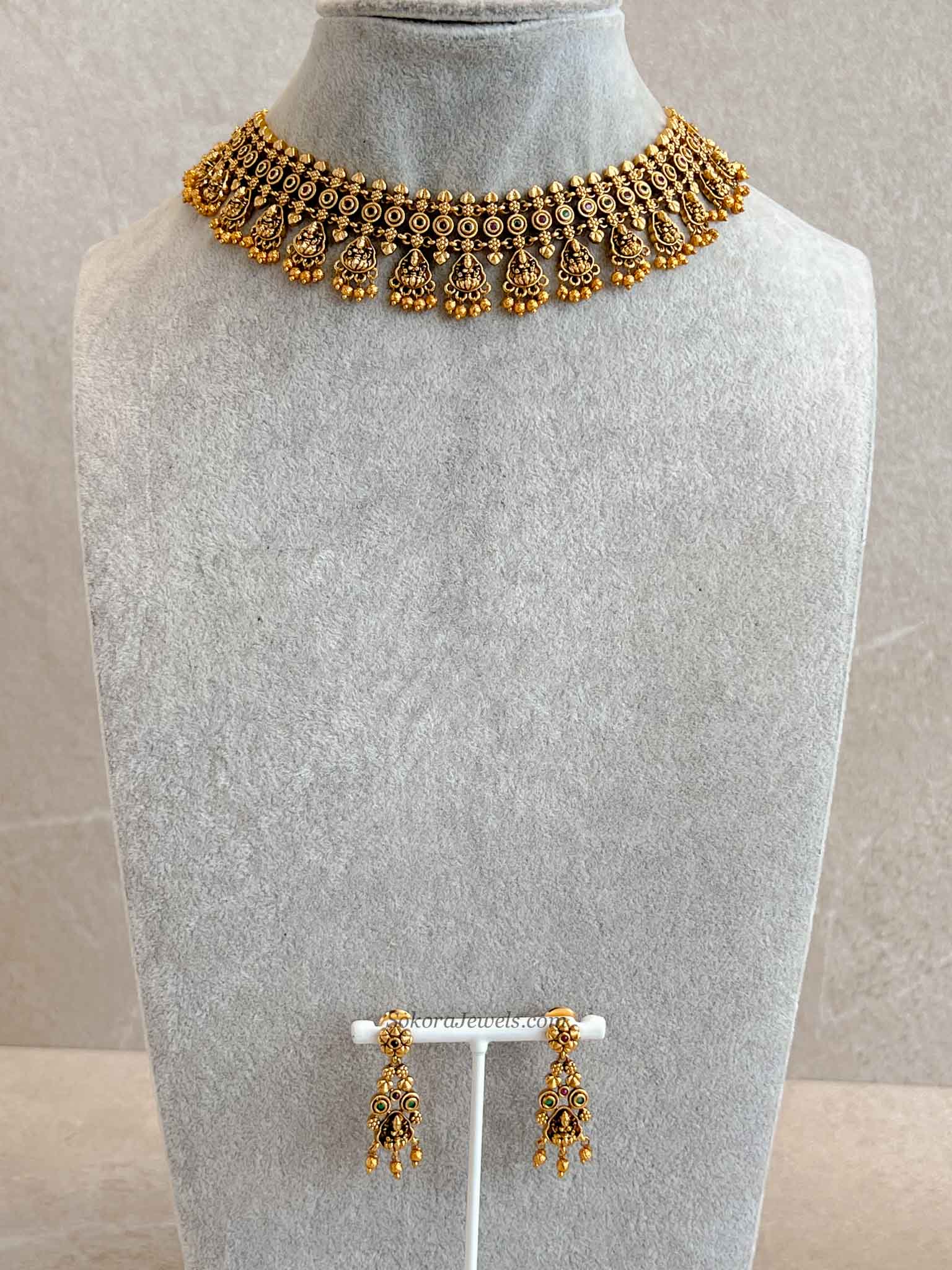 South Indian Temple Lakshmi Necklace Set with Gold Balls