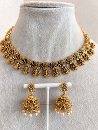 South Indian Temple Lakshmi Necklace Set with Jhumka Earring