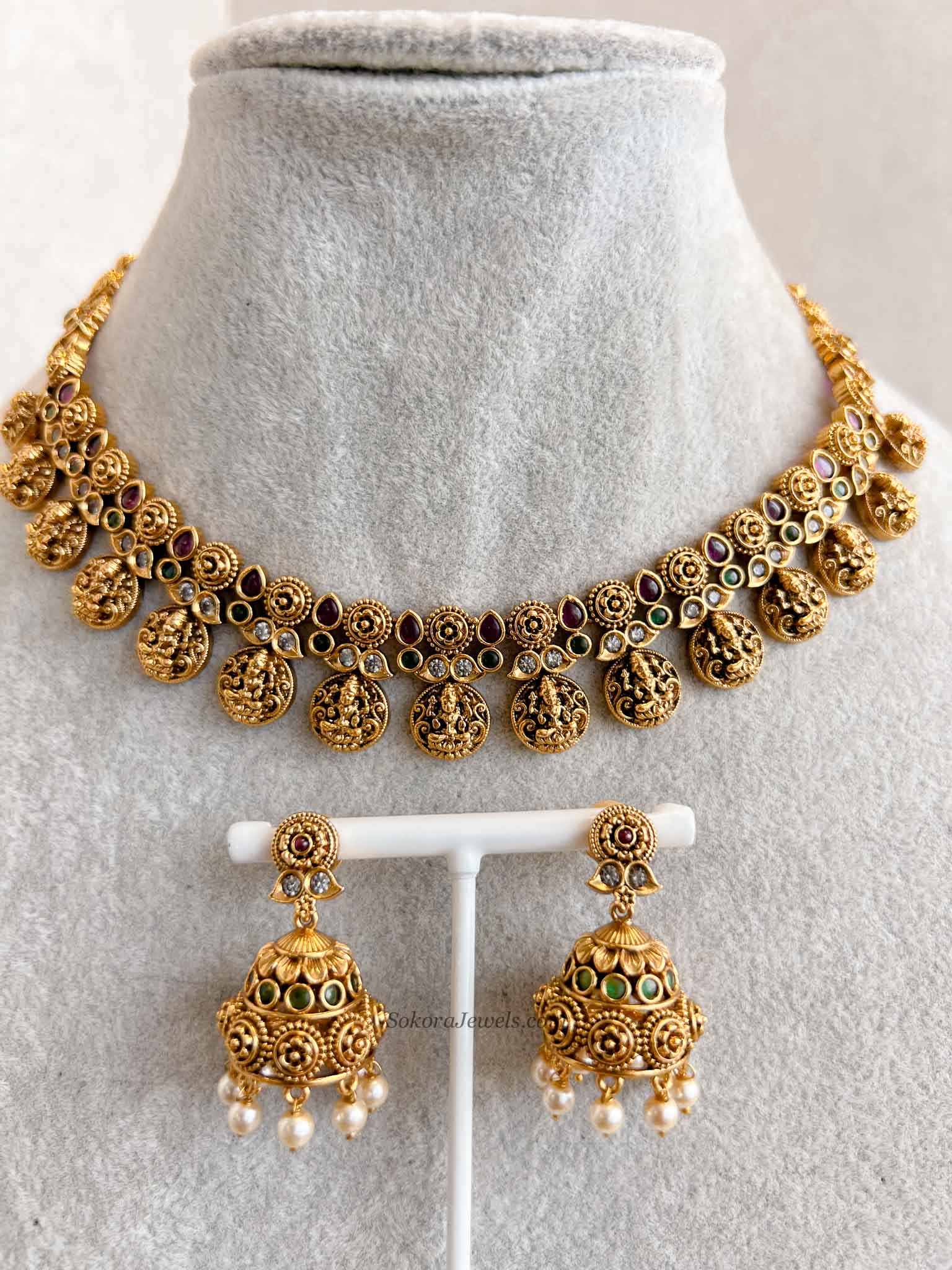 South Indian Temple Lakshmi Necklace Set with Jhumka Earring