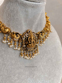 South Indian Temple Lakshmi Pendant Necklace Set with Pearls
