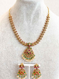 Ruby & Green Pendant Pearl Necklace Set