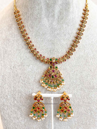 Ruby & Green Pendant Pearl Necklace Set
