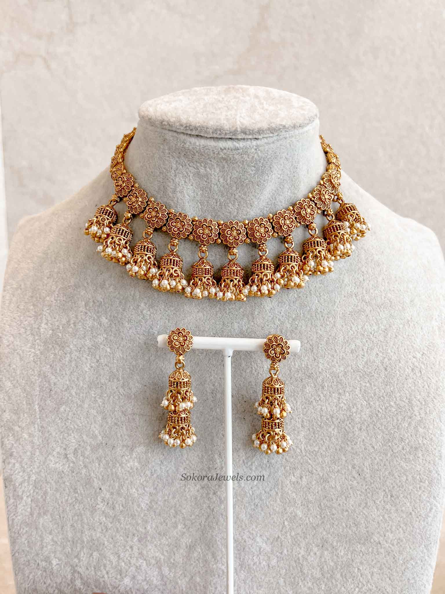 Nura Jhumka Detail Necklace set Gold Ball & Pearl