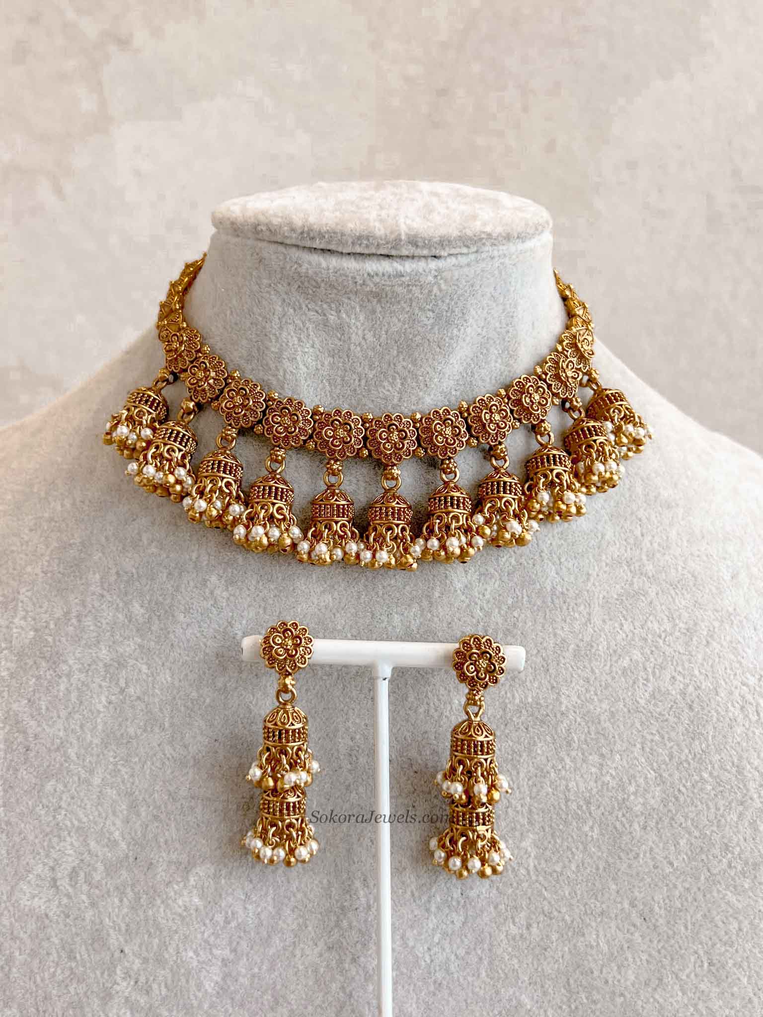 Nura Jhumka Detail Necklace set Gold Ball & Pearl
