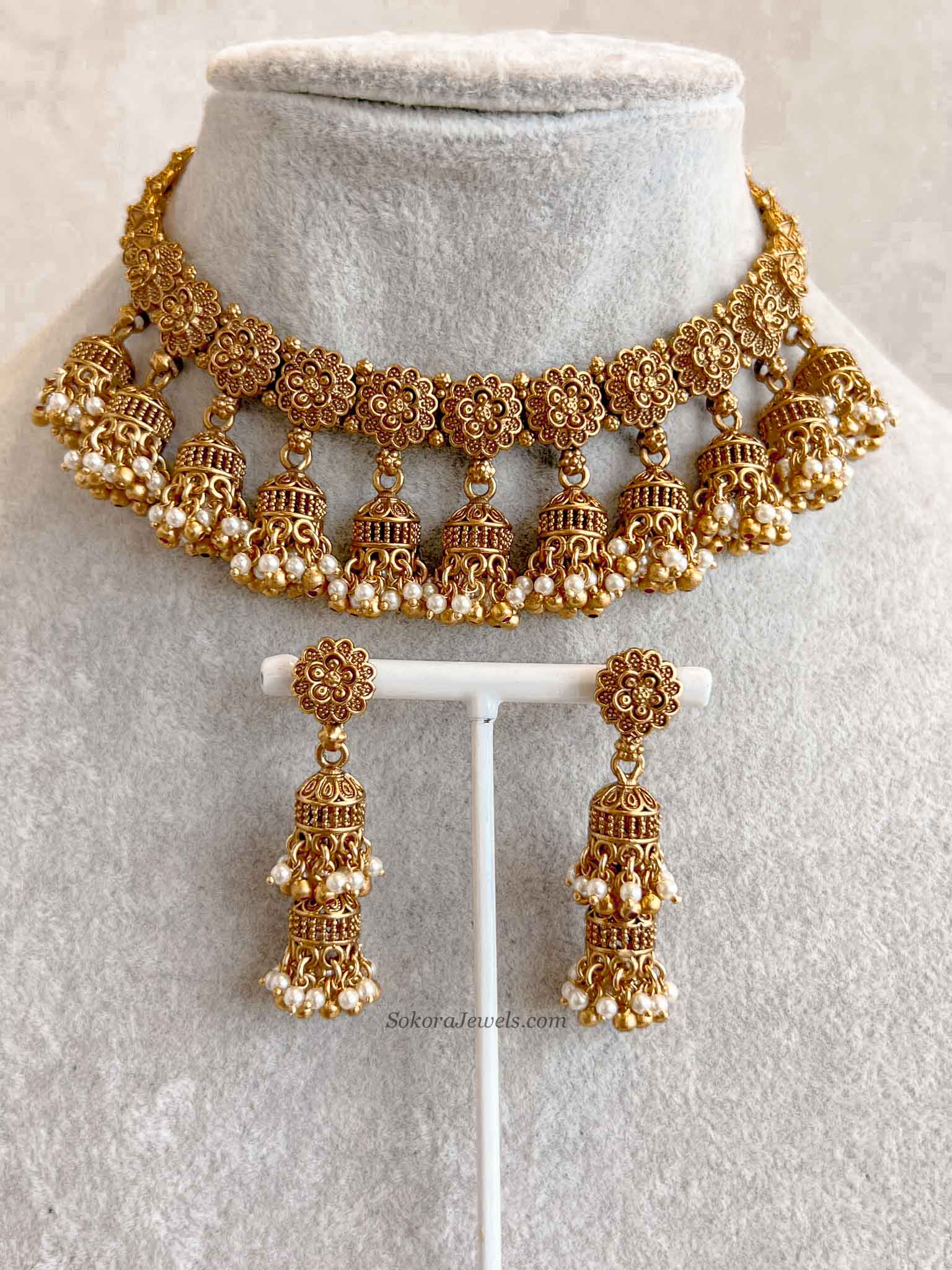 Nura Jhumka Detail Necklace set Gold Ball & Pearl