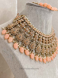 Faiqa Antique Gold Necklace Set Peach