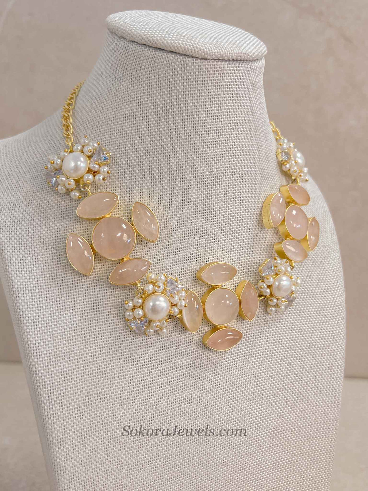 Charcoal Grey / Peach Gem Stone Necklace Set