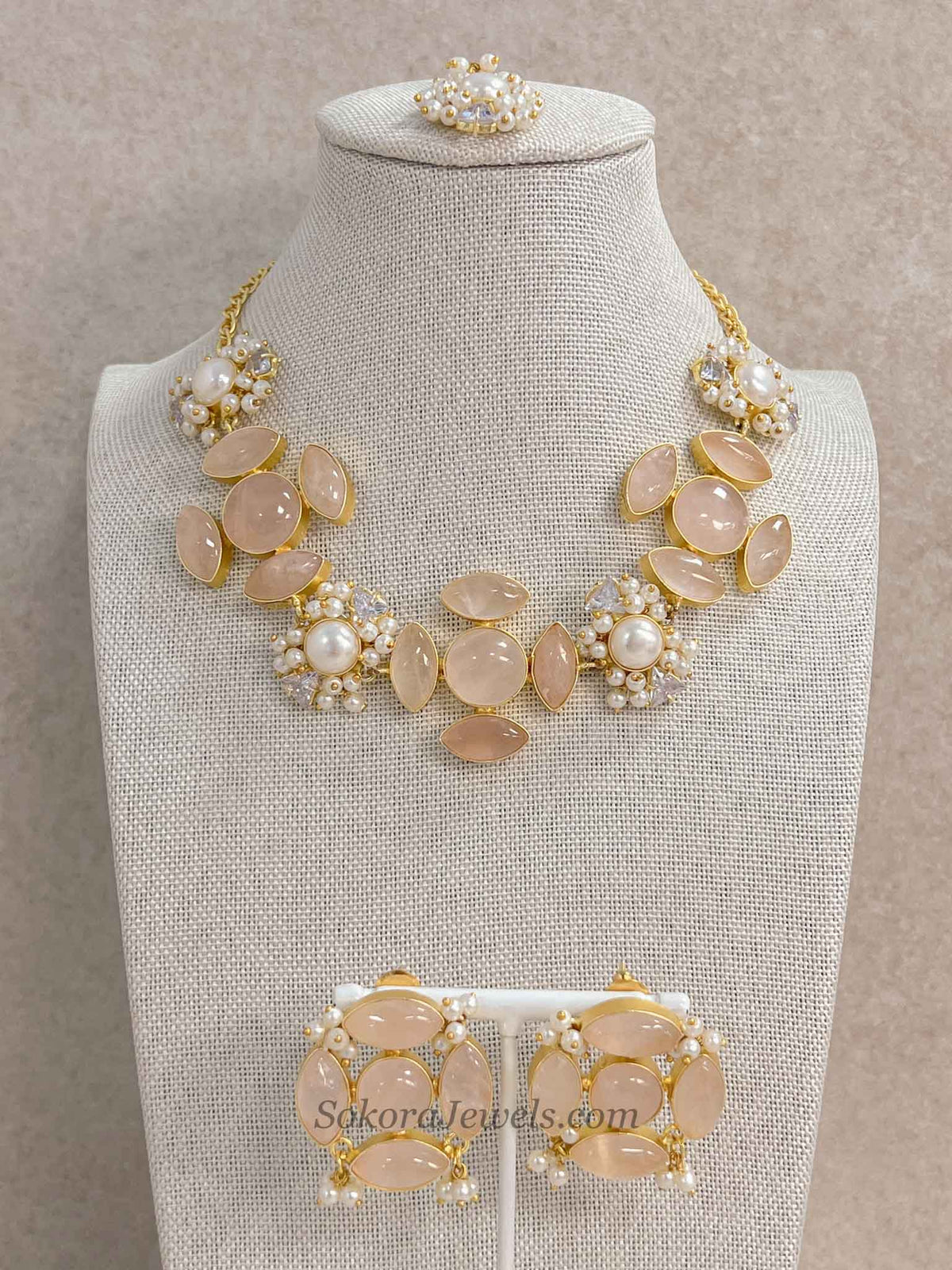 Charcoal Grey / Peach Gem Stone Necklace Set