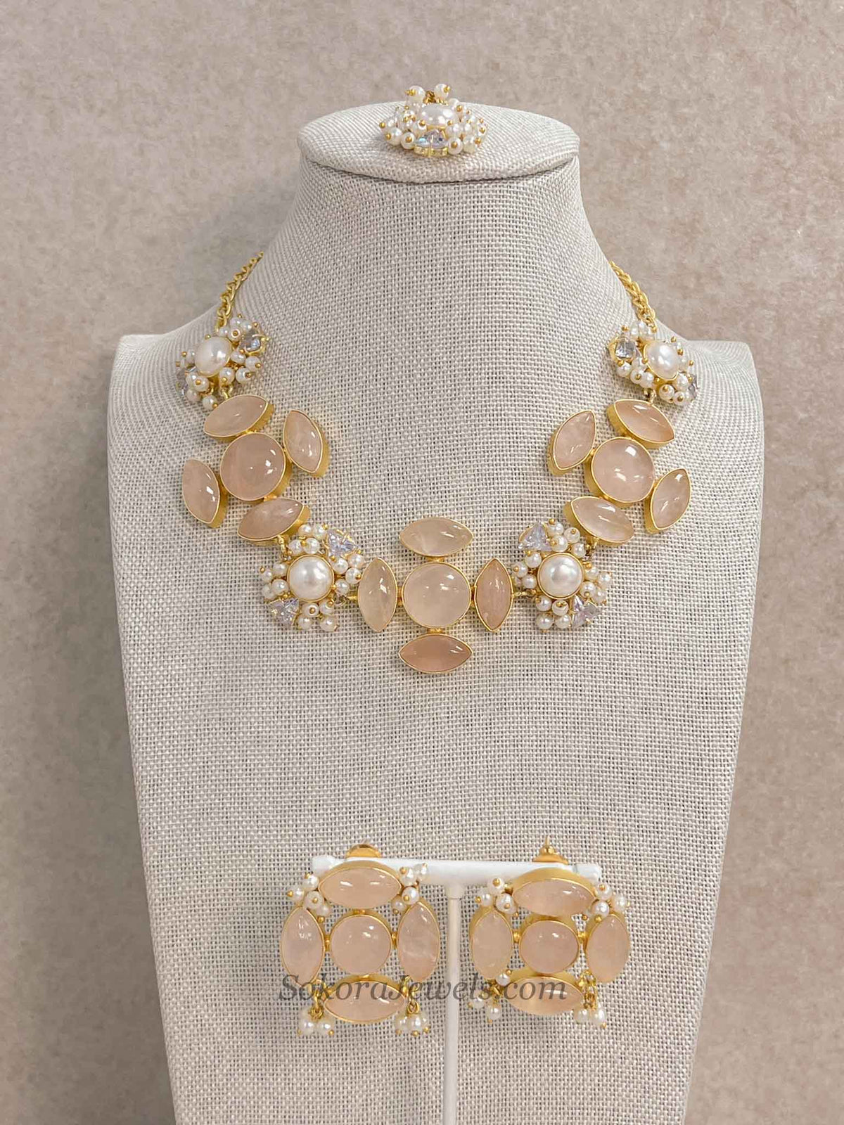 Charcoal Grey / Peach Gem Stone Necklace Set