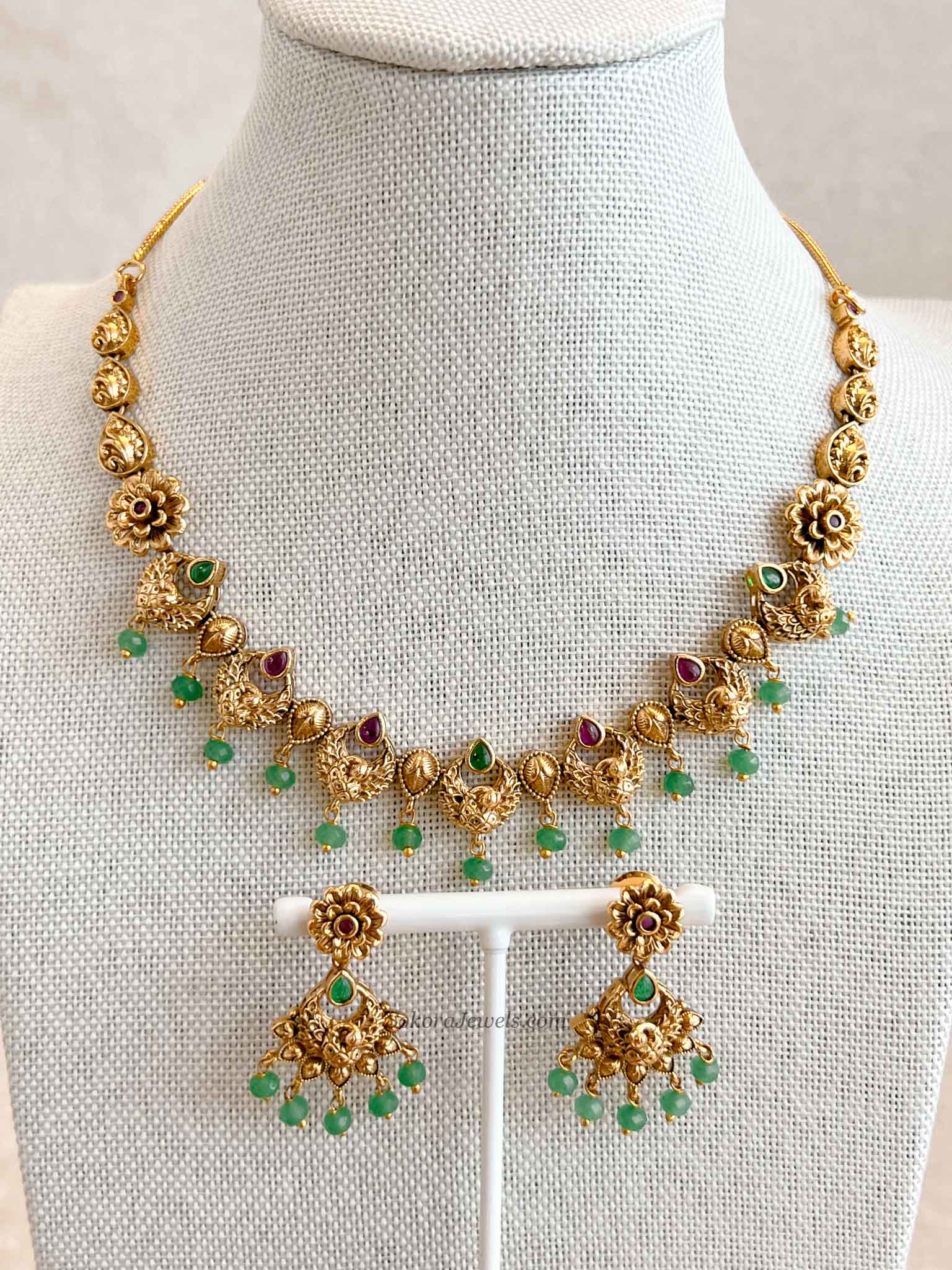 Ruby & Green Peacock Necklace Set