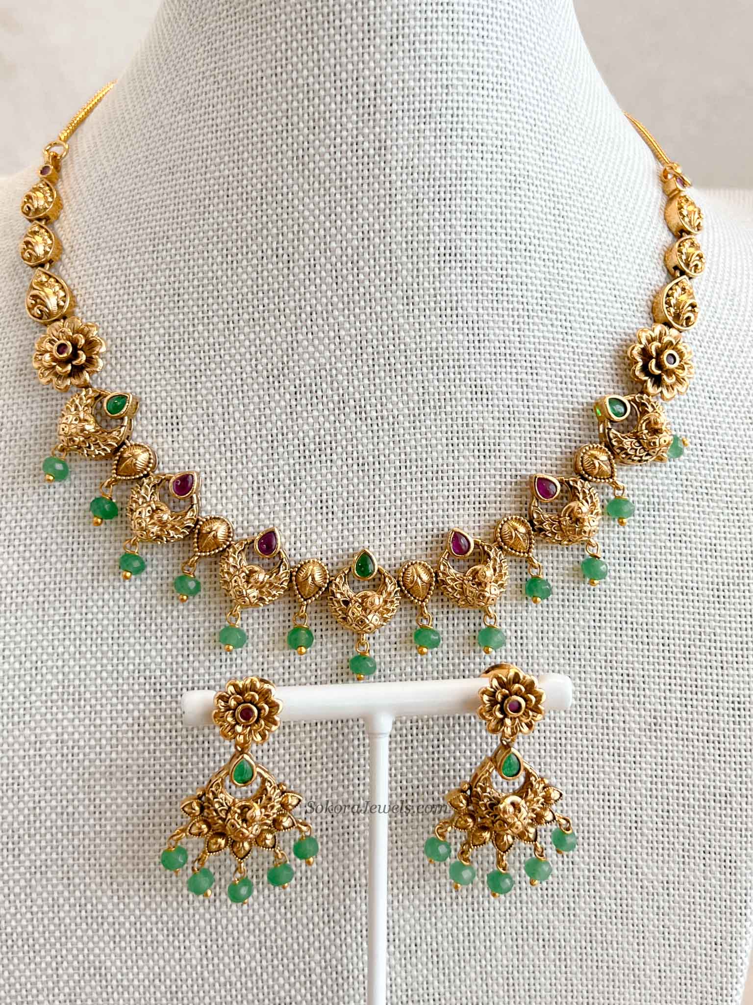 Ruby & Green Peacock Necklace Set