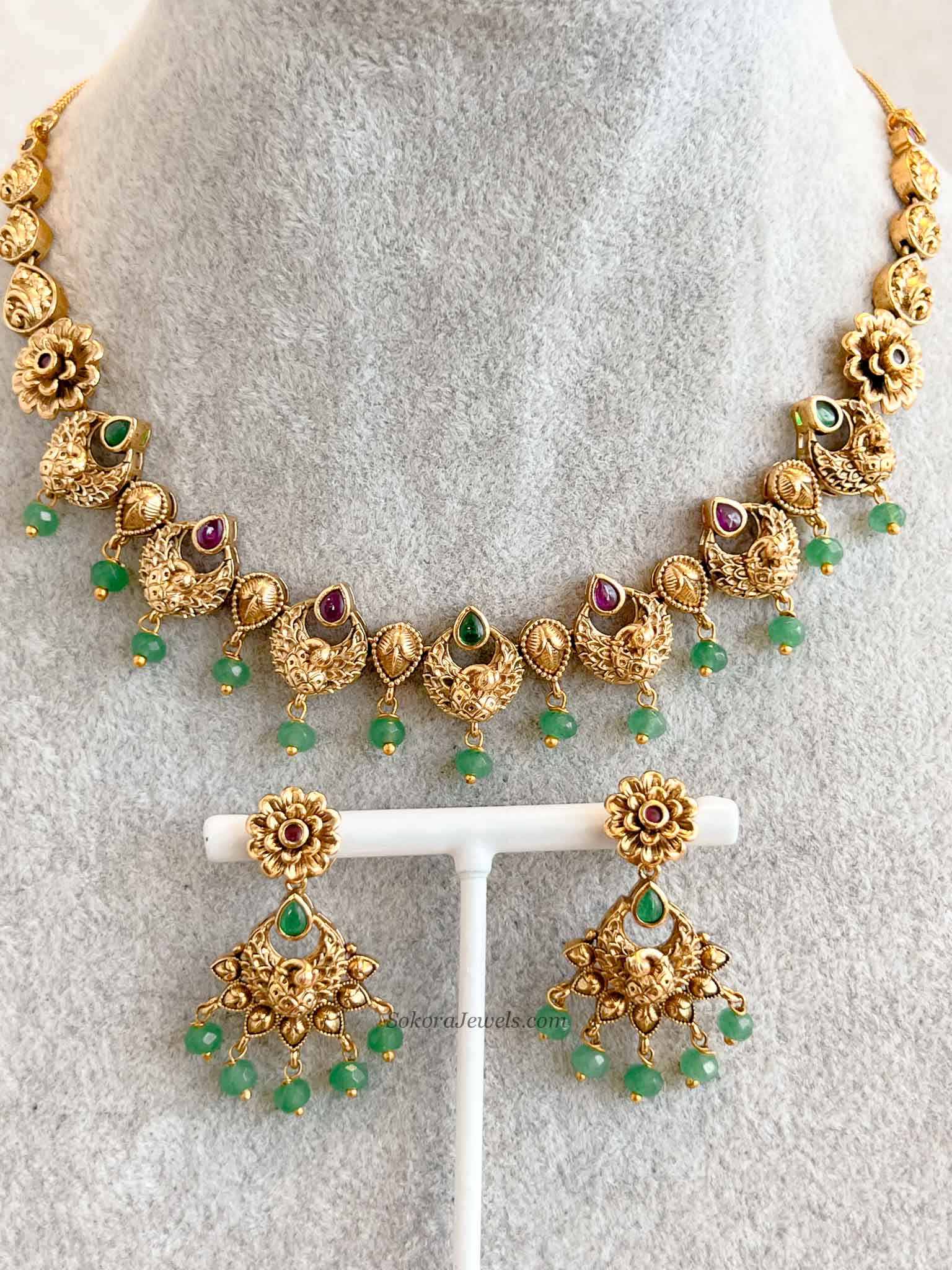 Ruby & Green Peacock Necklace Set