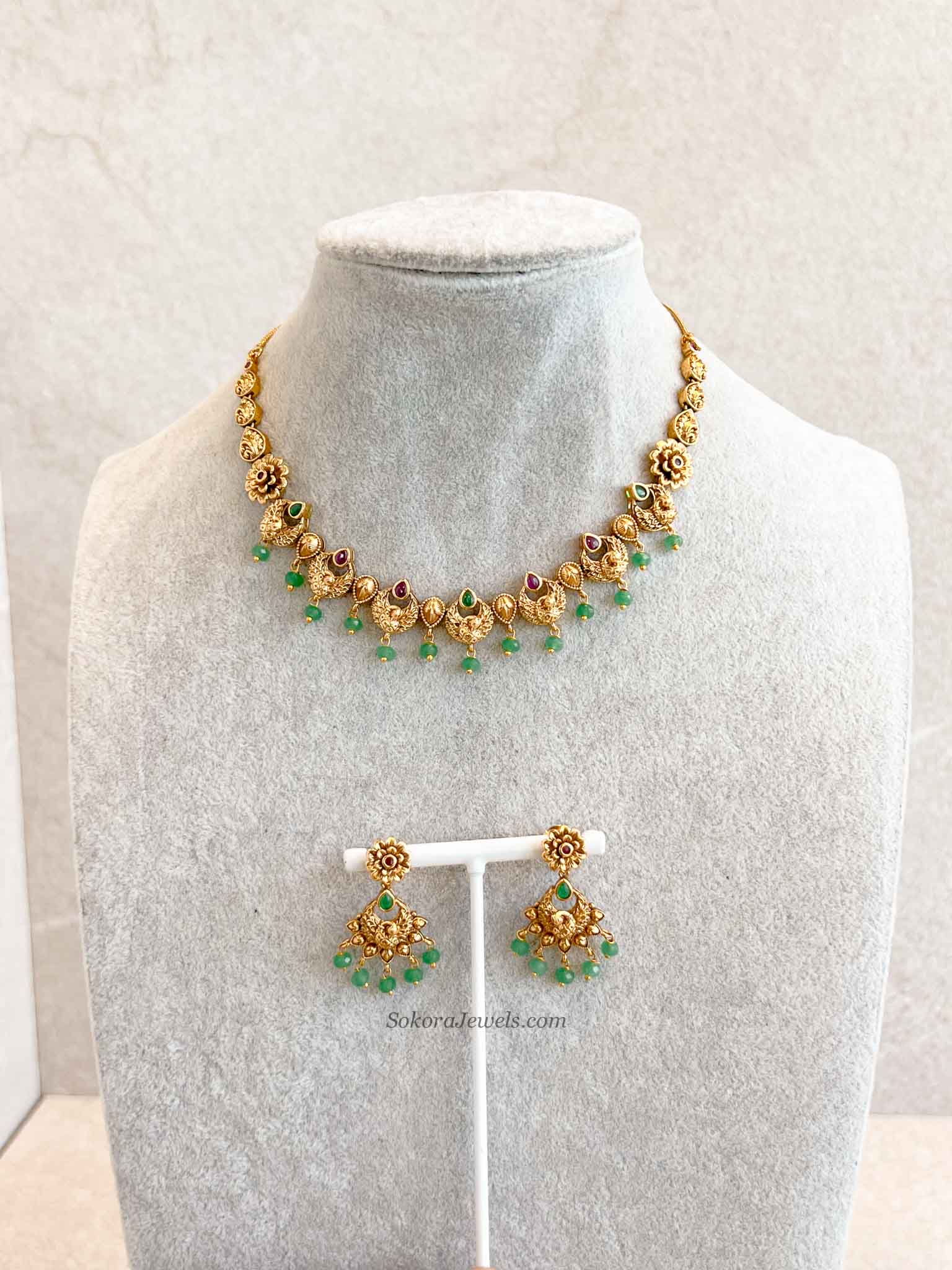 Ruby & Green Peacock Necklace Set