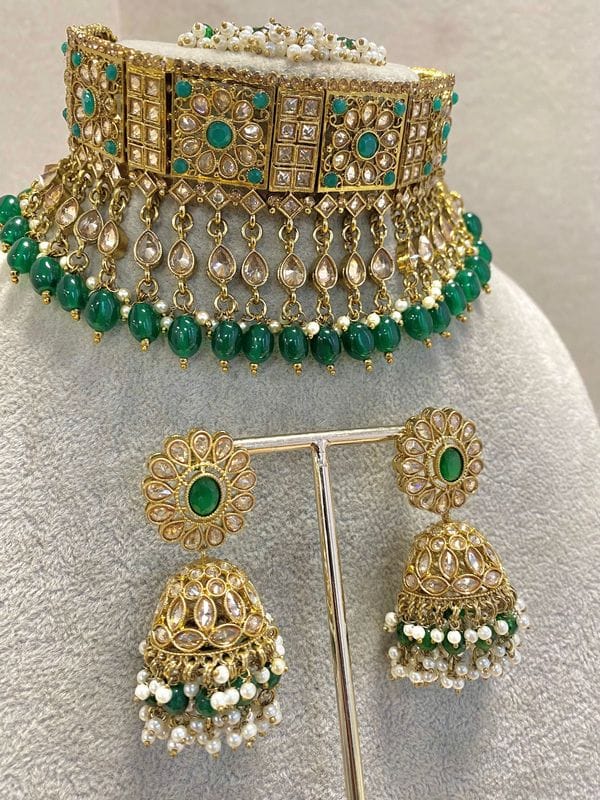 SLIGHTLY IMPERFECT: Antique Gold Choker Set - Green