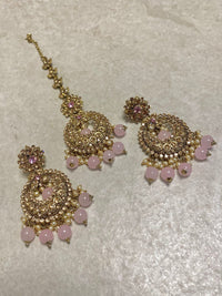 SLIGHTLY IMPERFECT: Large Antique Gold Earring & Tikka Set - Pink