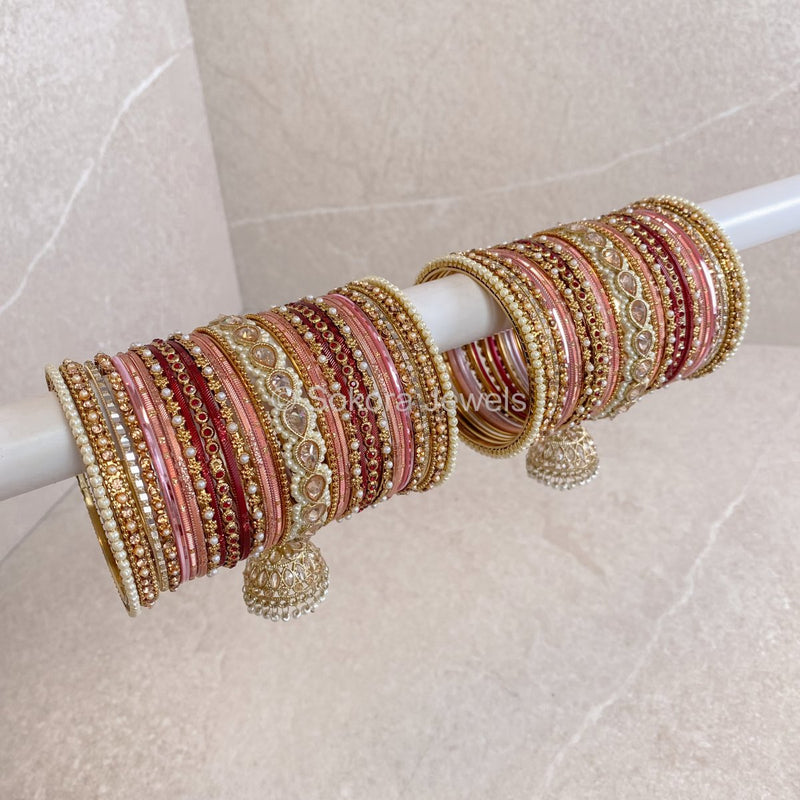 Aafiya Bridal Bangle Set - Maroon & Pink - SOKORA JEWELSAafiya Bridal Bangle Set - Maroon & PinkBANGLES