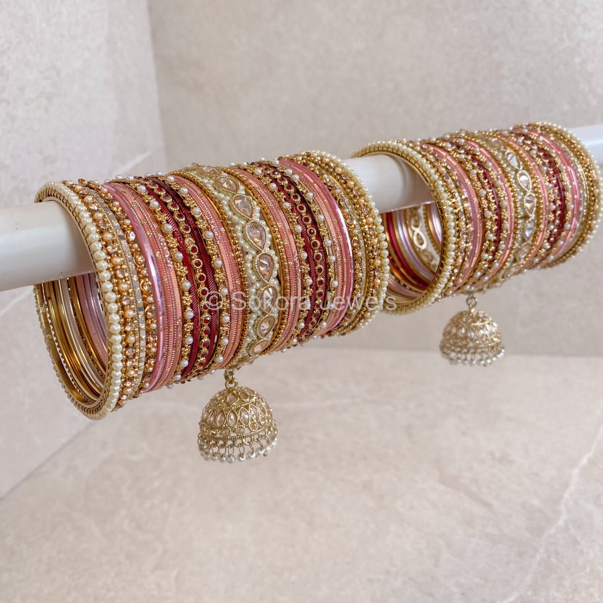 Aafiya Bridal Bangle Set - Maroon & Pink - SOKORA JEWELSAafiya Bridal Bangle Set - Maroon & PinkBANGLES