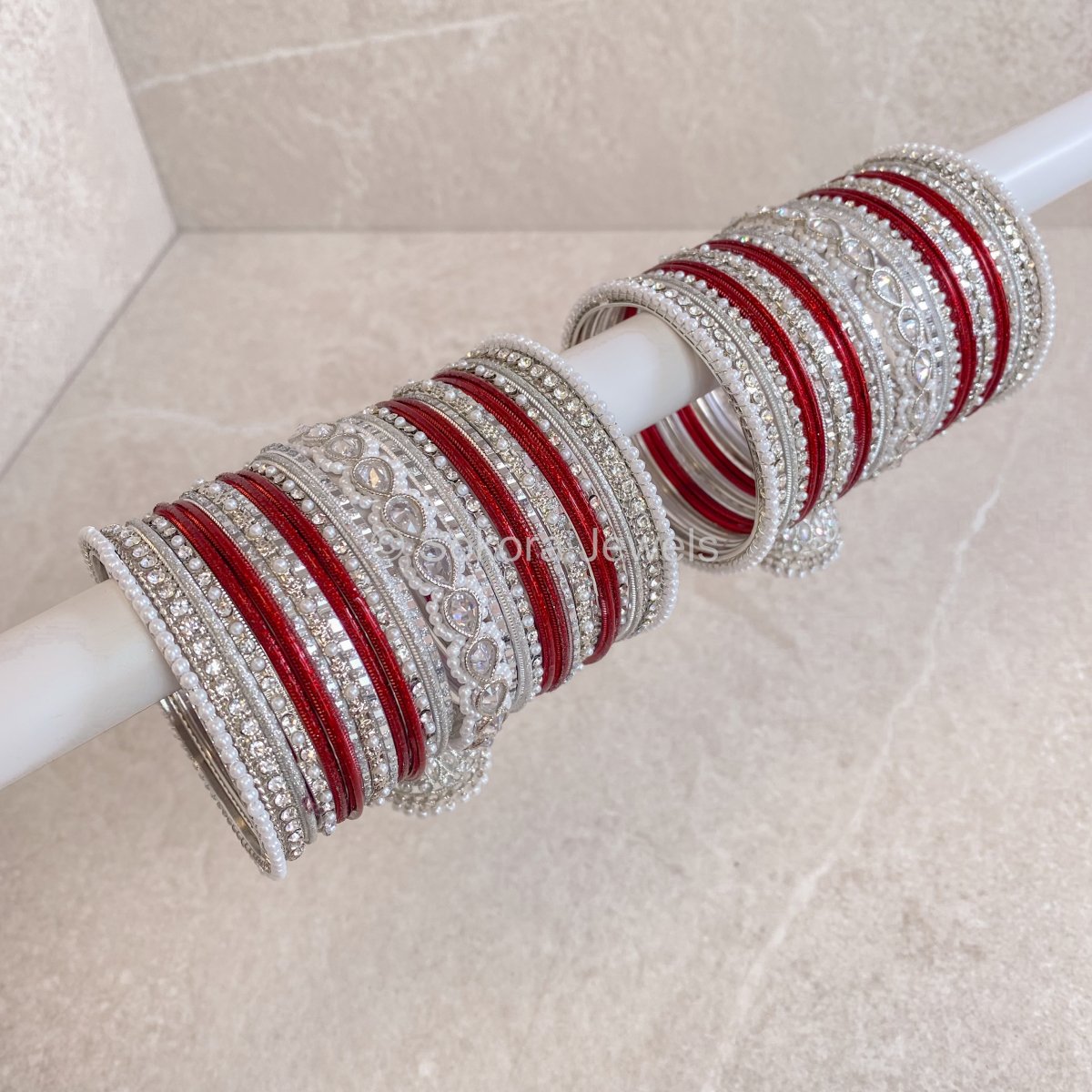 Aafiya Bridal Bangle Set - Silver & Maroon - SOKORA JEWELSAafiya Bridal Bangle Set - Silver & MaroonBANGLES