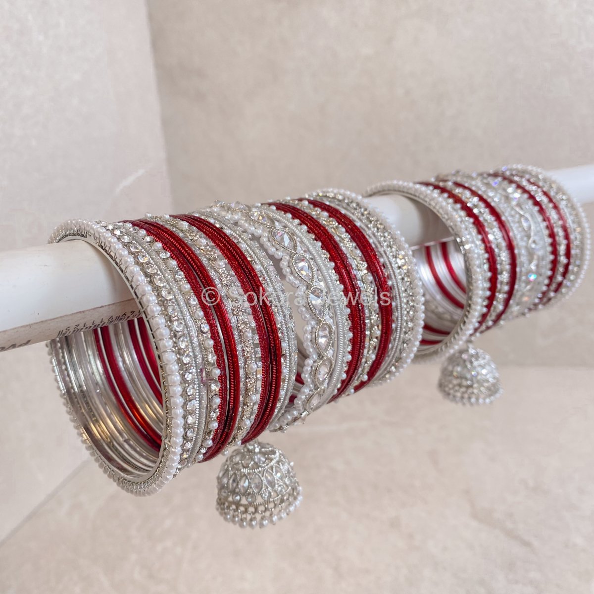 Aafiya Bridal Bangle Set - Silver & Maroon - SOKORA JEWELSAafiya Bridal Bangle Set - Silver & MaroonBANGLES