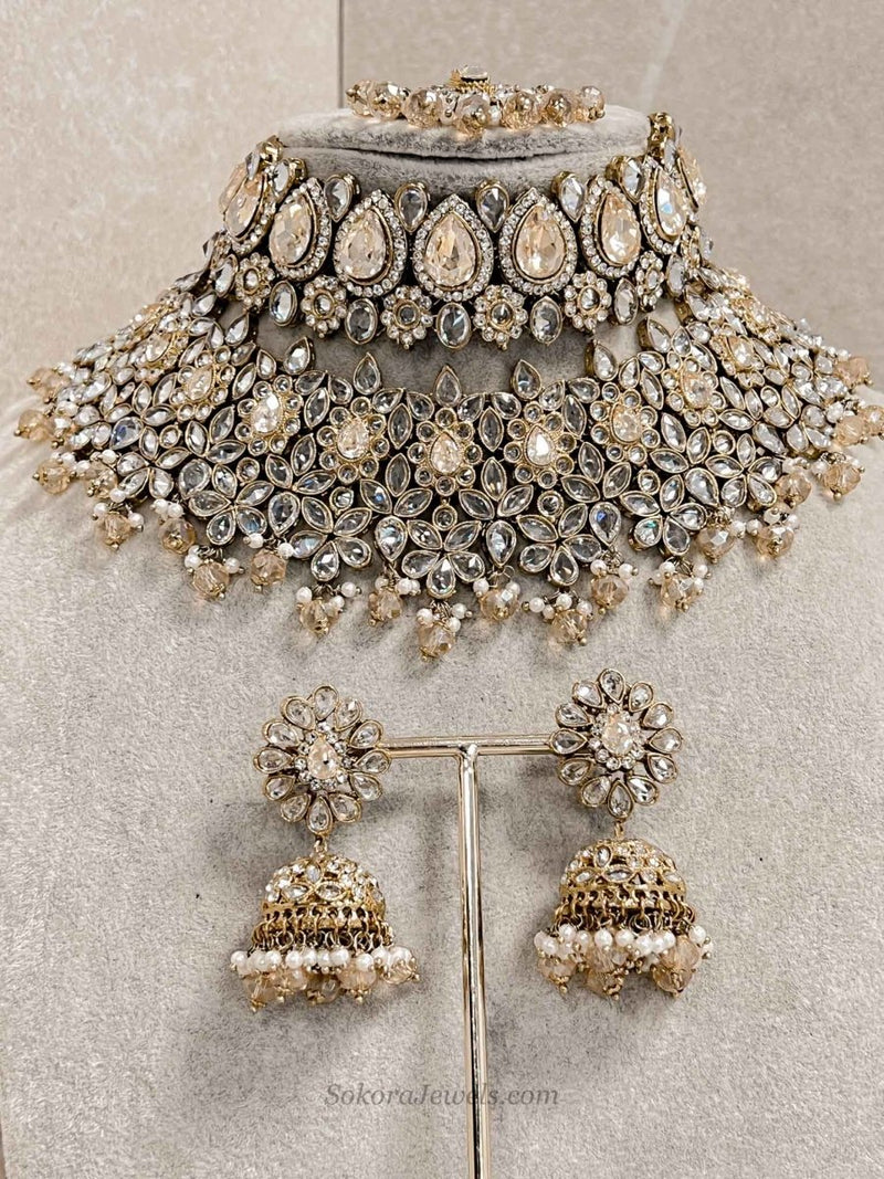 Aafiya Bridal Double necklace set - Golden Glow - SOKORA JEWELSAafiya Bridal Double necklace set - Golden Glow