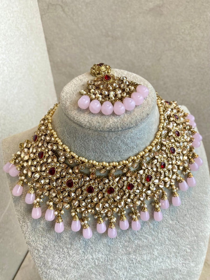 Aafiya Bridal Double necklace set - Maroon/Pink - SOKORA JEWELSAafiya Bridal Double necklace set - Maroon/Pink