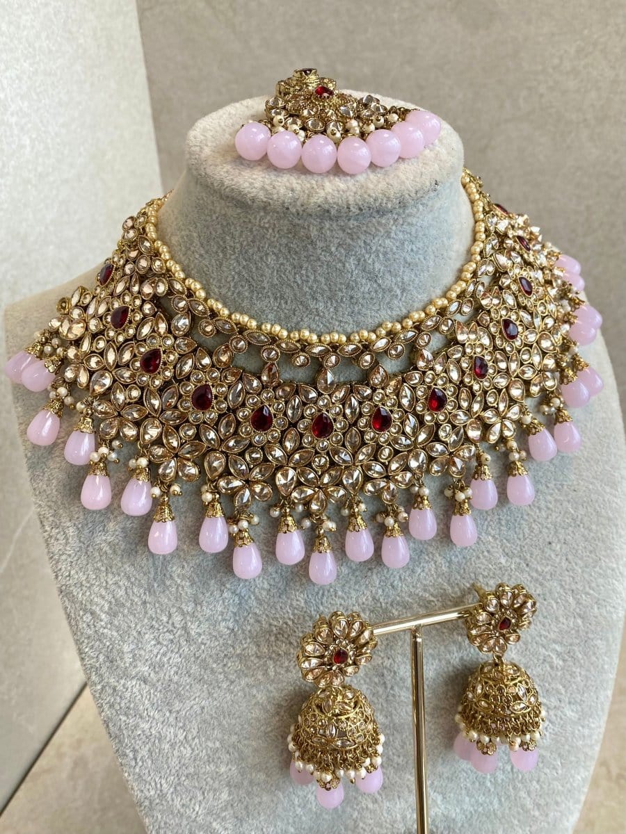 Aafiya Bridal Double necklace set - Maroon/Pink - SOKORA JEWELSAafiya Bridal Double necklace set - Maroon/Pink