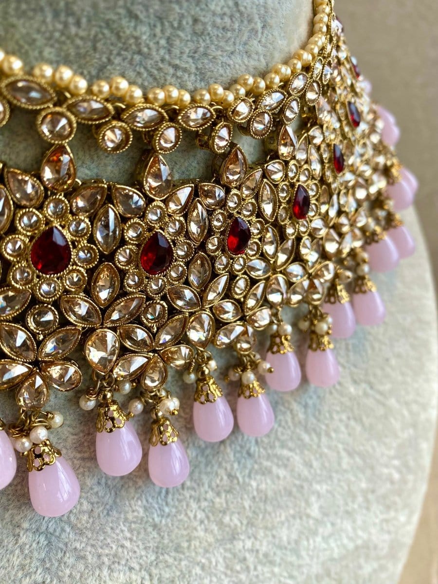 Aafiya Bridal Double necklace set - Maroon/Pink - SOKORA JEWELSAafiya Bridal Double necklace set - Maroon/Pink