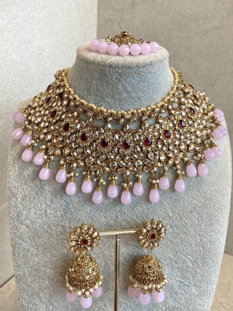 Aafiya Bridal Double necklace set - Maroon/Pink - SOKORA JEWELSAafiya Bridal Double necklace set - Maroon/Pink