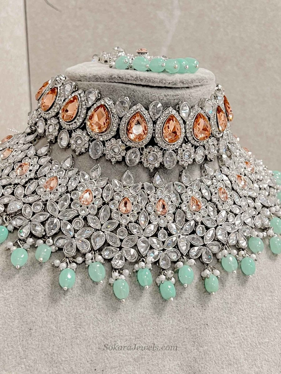Aafiya Bridal Double necklace set - Mint/Peach - SOKORA JEWELSAafiya Bridal Double necklace set - Mint/Peach