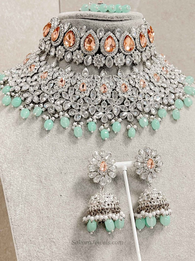 Aafiya Bridal Double necklace set - Mint/Peach - SOKORA JEWELSAafiya Bridal Double necklace set - Mint/Peach