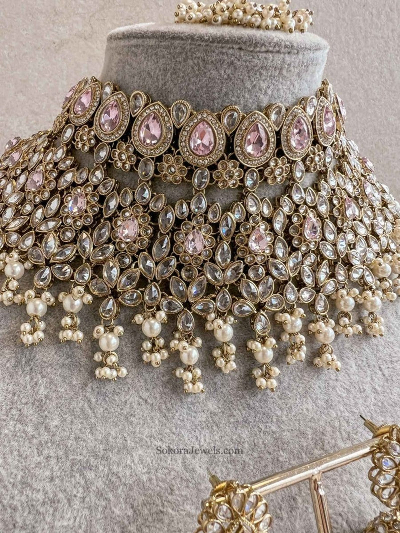 Aafiya Bridal Jewellery Set - Light Pink - SOKORA JEWELSAafiya Bridal Jewellery Set - Light Pink