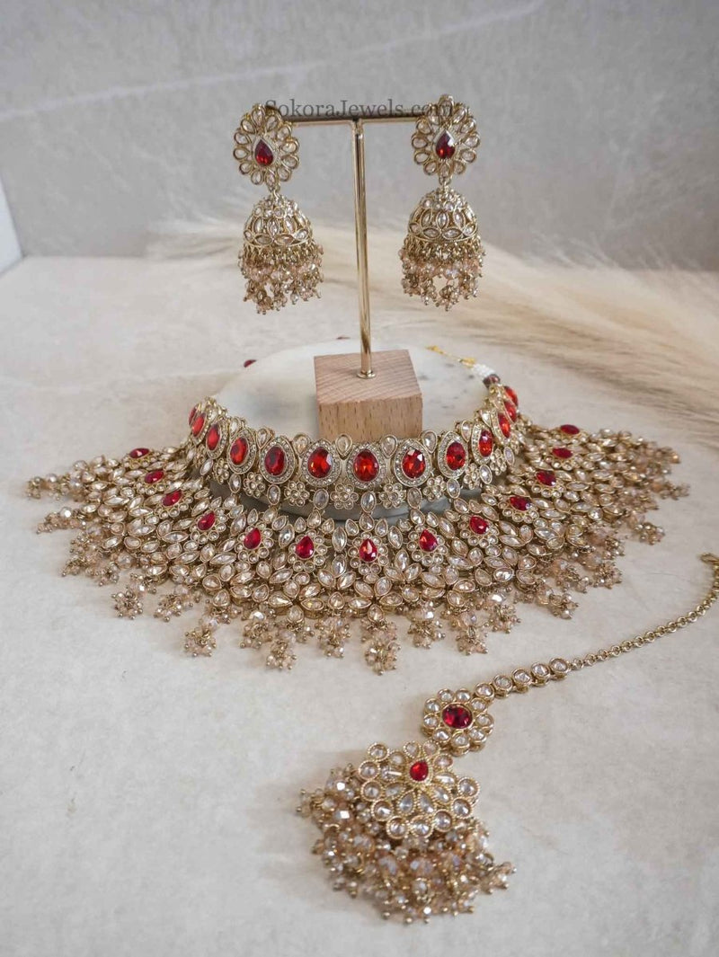 Aafiya Bridal Jewellery Set - Maroon - SOKORA JEWELSAafiya Bridal Jewellery Set - Maroon