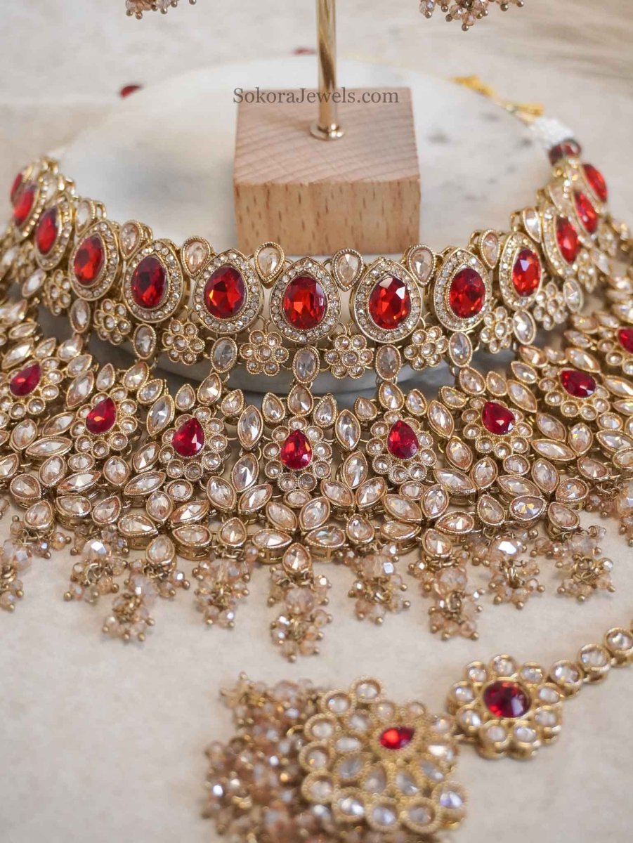 Aafiya Bridal Jewellery Set - Maroon - SOKORA JEWELSAafiya Bridal Jewellery Set - Maroon