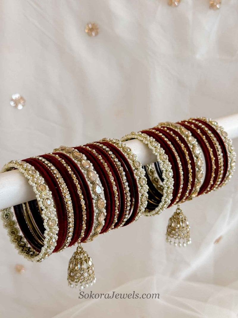 Aafiya Golden Bridal Bangle Set - Maroon - SOKORA JEWELSAafiya Golden Bridal Bangle Set - MaroonBANGLES