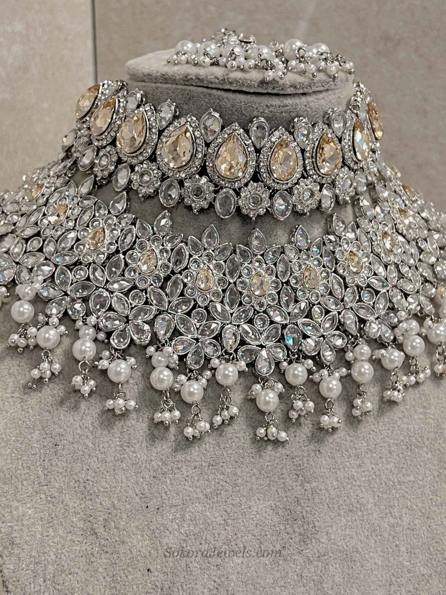 Aafiya Silver Bridal Necklace Set - Golden Shimmer - SOKORA JEWELSAafiya Silver Bridal Necklace Set - Golden Shimmer