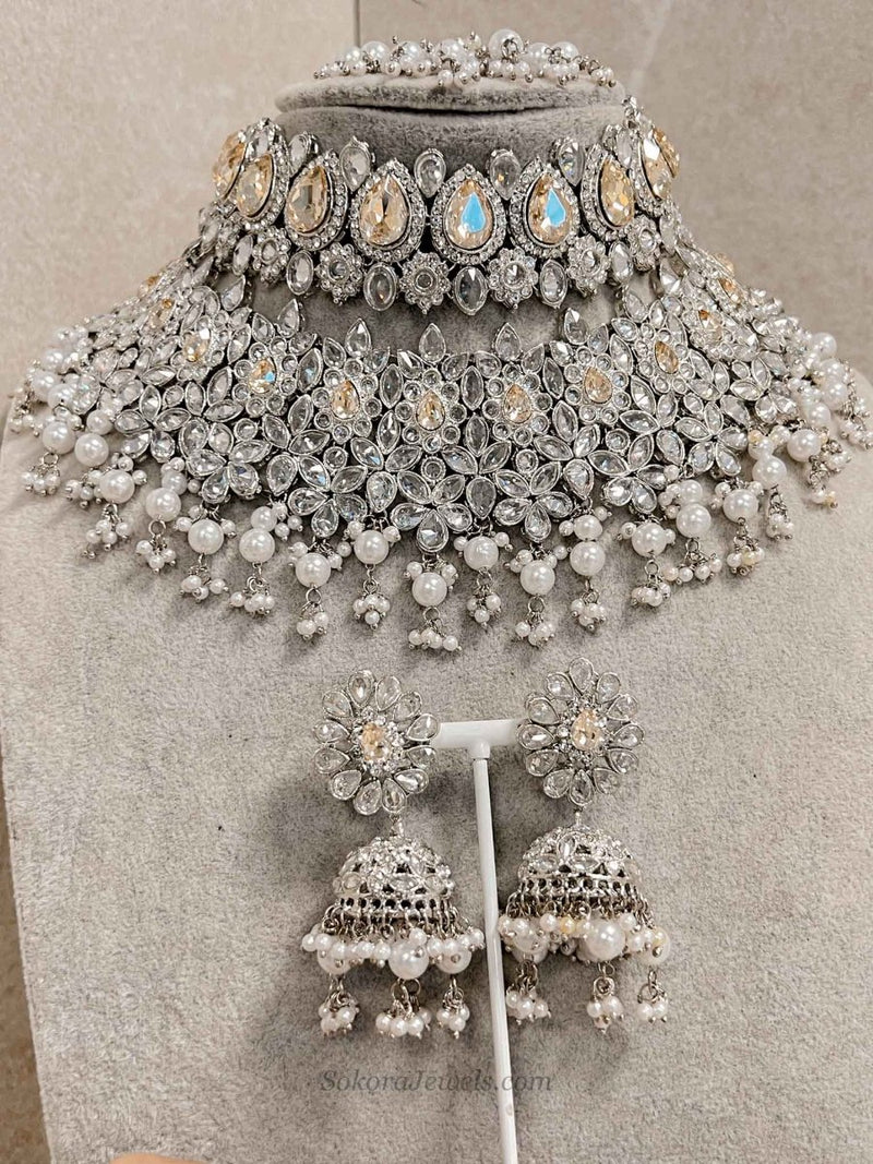 Aafiya Silver Bridal Necklace Set - Golden Shimmer - SOKORA JEWELSAafiya Silver Bridal Necklace Set - Golden Shimmer