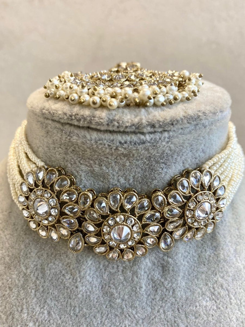 Alar Bridal Choker Necklace Set - Clear Gold - SOKORA JEWELSAlar Bridal Choker Necklace Set - Clear Gold