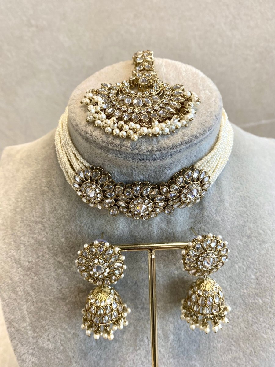 Alar Bridal Choker Necklace Set - Clear Gold - SOKORA JEWELSAlar Bridal Choker Necklace Set - Clear Gold