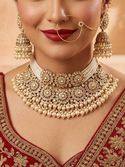 Alar Bridal Double Necklace and Earring Set - Golden - SOKORA JEWELSAlar Bridal Double Necklace and Earring Set - Golden