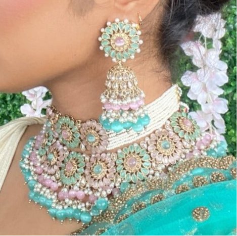 Alar Bridal Double Statement Necklace Set - Pink and Mint - SOKORA JEWELSAlar Bridal Double Statement Necklace Set - Pink and Mint