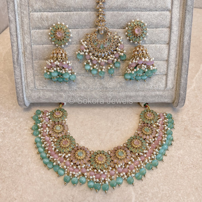 Alar Necklace Set - Pink and Mint - SOKORA JEWELSAlar Necklace Set - Pink and Mint