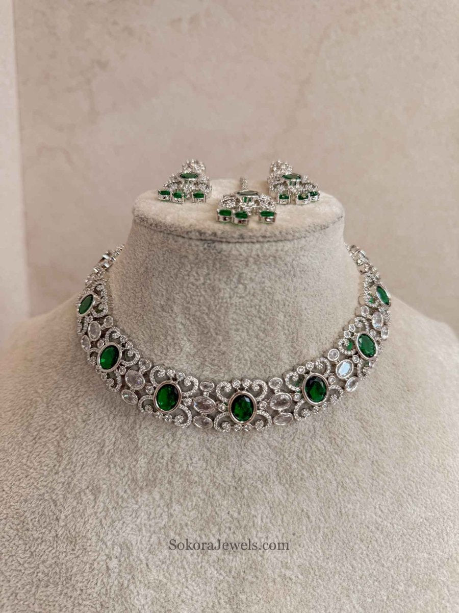 Alina Silver, Green & Diamante Choker Set - SOKORA JEWELSAlina Silver, Green & Diamante Choker SetNECKLACE SETS