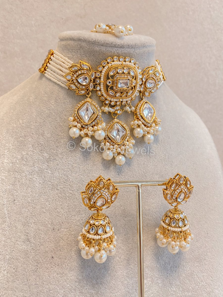 Amani Faux Kundan Choker Set - Pearl - SOKORA JEWELSAmani Faux Kundan Choker Set - Pearl