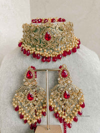 Amela Zircon Bridal Choker Set - Red - SOKORA JEWELSAmela Zircon Bridal Choker Set - Red